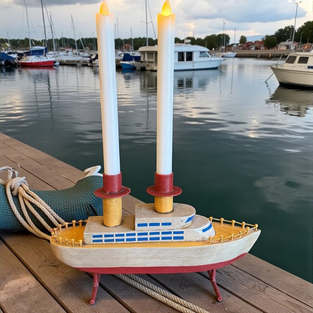 Unique Hand carved Wooden Ship Candle Holder 12.5" Long - Picture 17 of 17